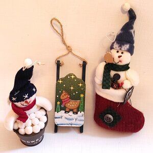ADORABLE Snowman Ornament Lot of 3 Hand Painted Sleigh 2 Snoeman Ornamen…